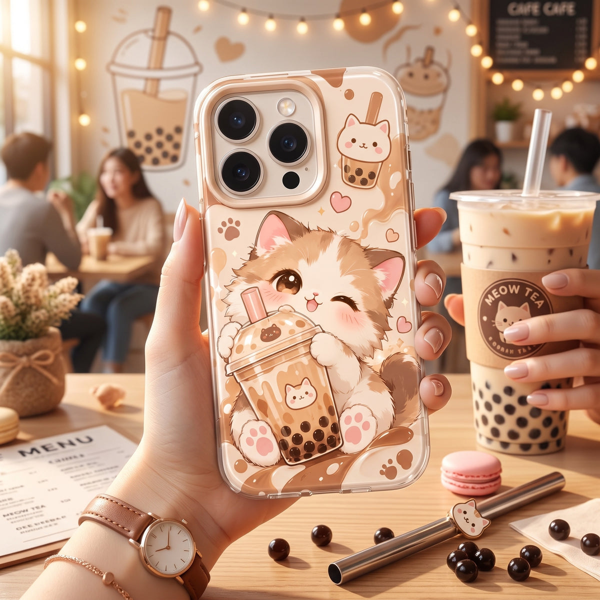 Vorzqeli Green Cartoon Kitty Phone Case, Light Color Protective Shell